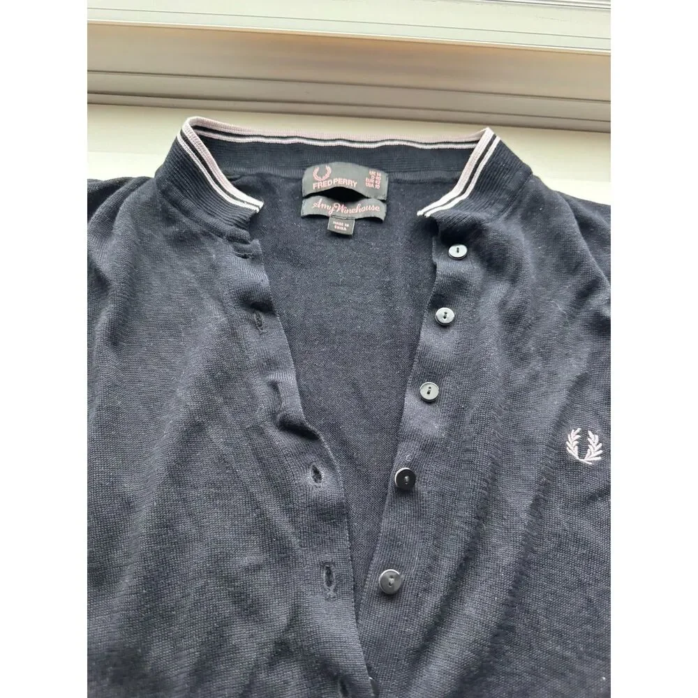 Fred Perry x Amy Winehouse Collab Knit Polo Cardigan Black Pink Trim Sz 10/UK14 - Picture 9 of 9